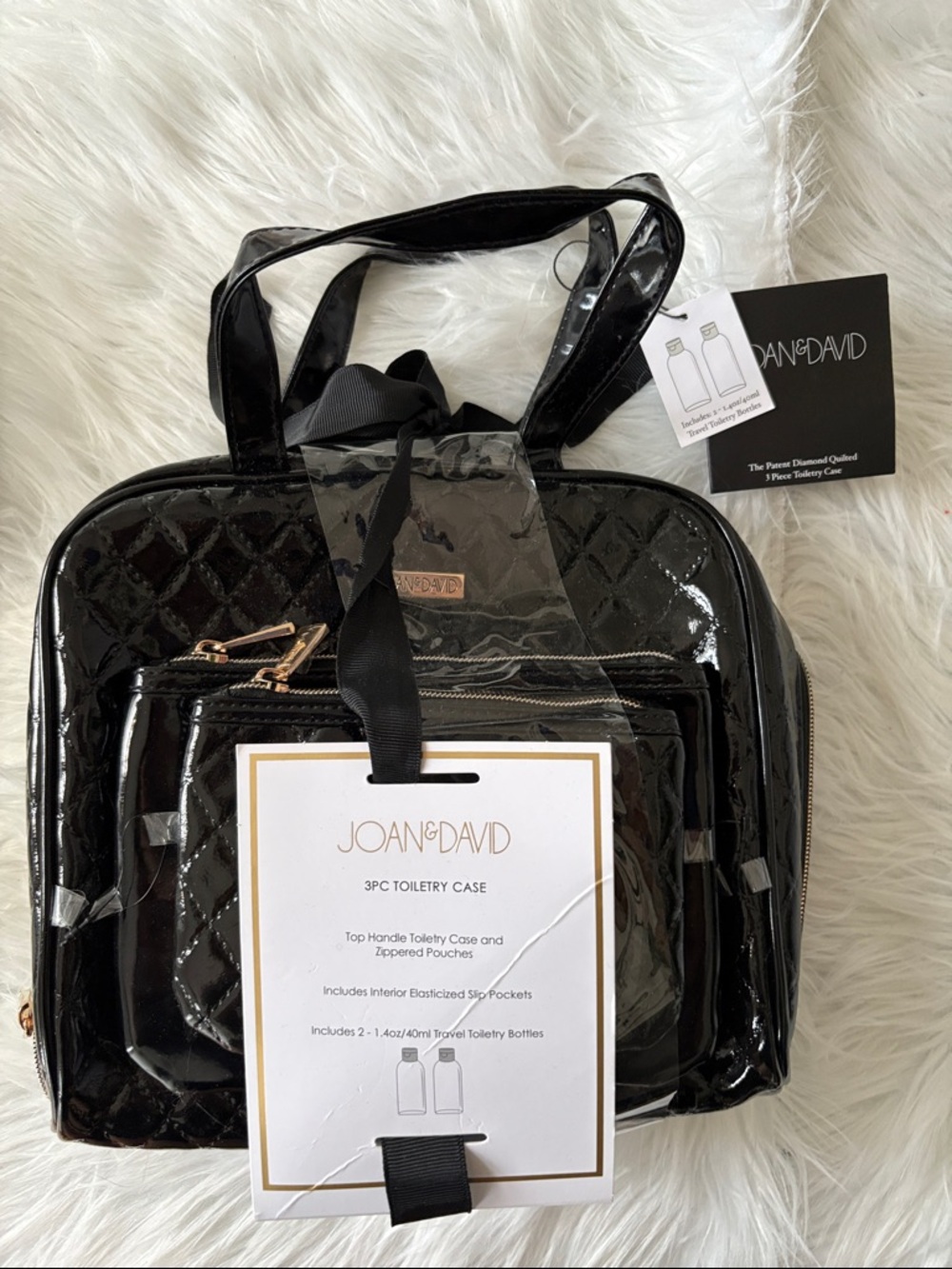 Joan & David Black Quilted Patent 3-Piece Toiletry Set with Gold Zippers